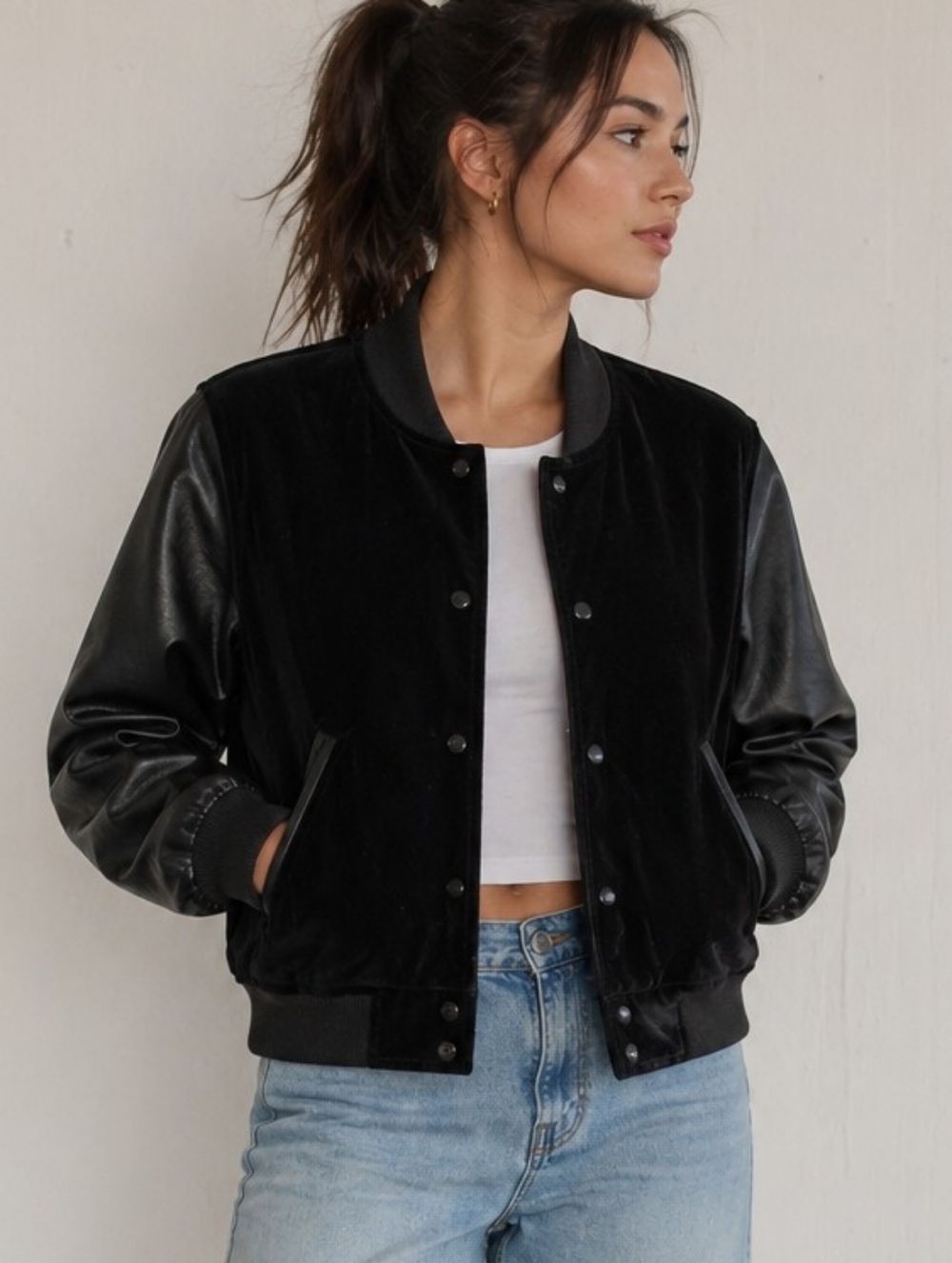 Rag & Bone Jean Women's XS Camden Lamb Leather Slv Velvet Varsity Bomber Jacket